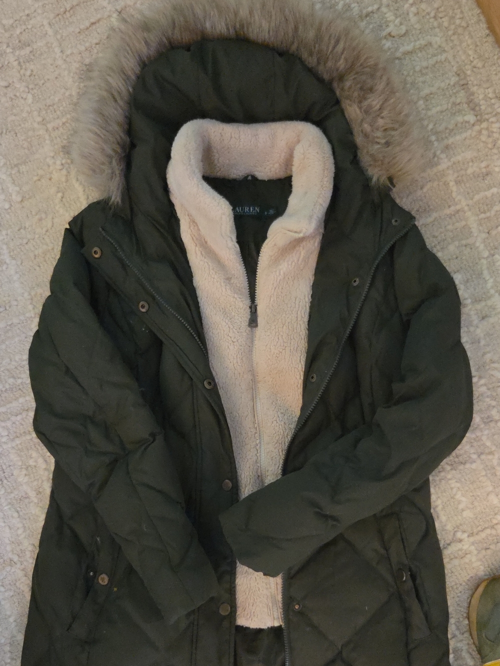 Lauren Ralph Lauren Olive Green Down Parka Jacket with Sherpa Collar - Size S